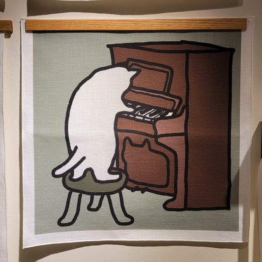 a cat playing the piano, fabric poster