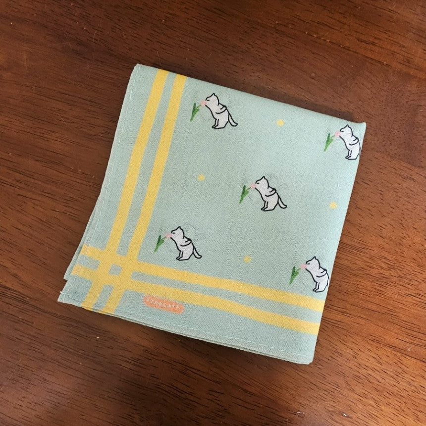 Handkerchief 3 - A cat smelling flowers