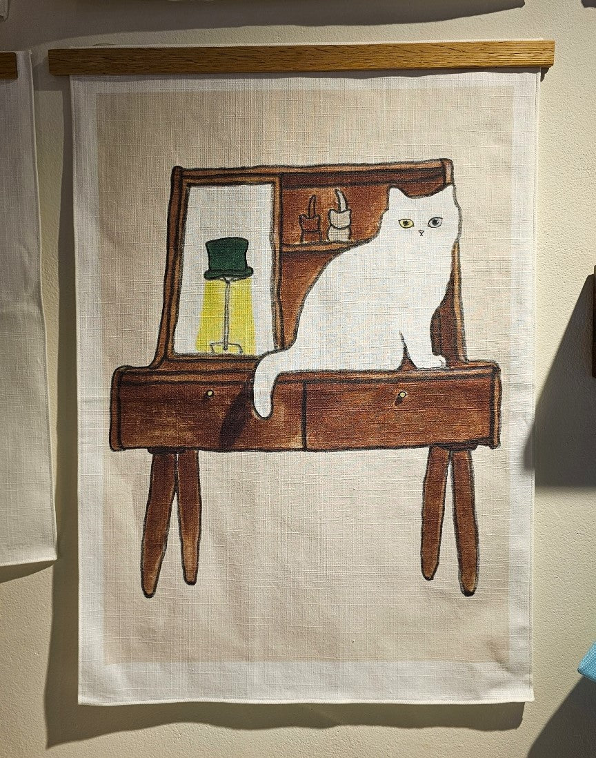 cat on the dressing table, fabric poster