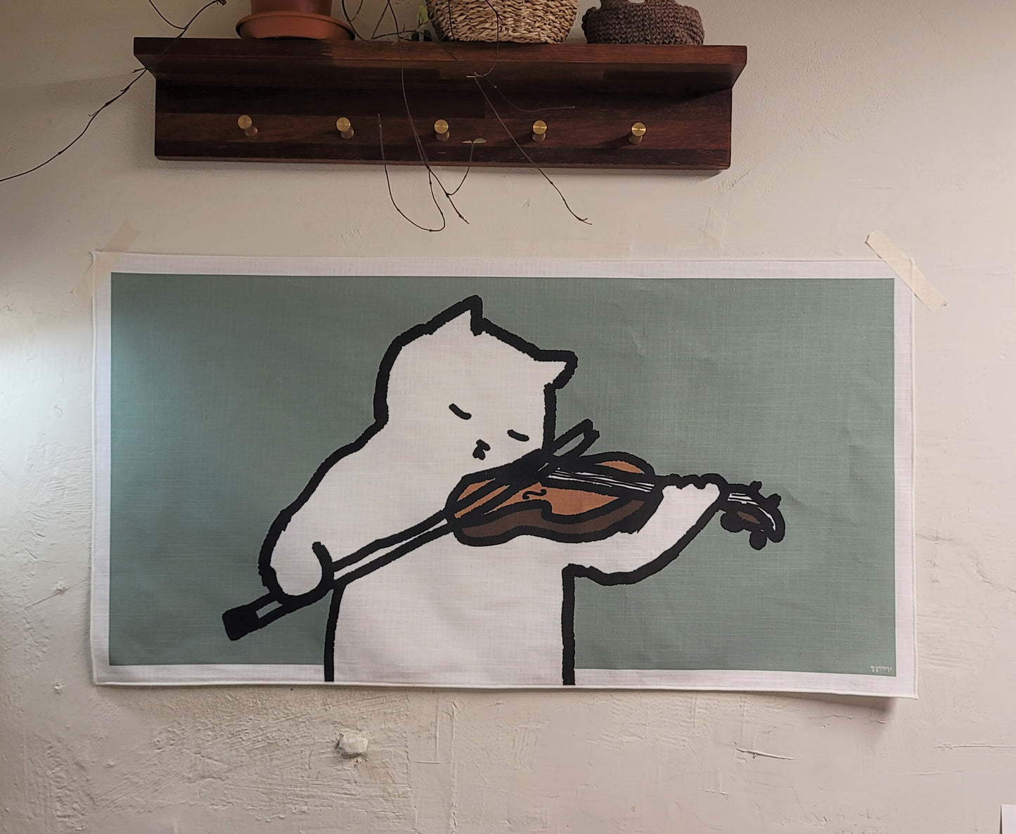 A cat playing the violin fabric poster (large size)