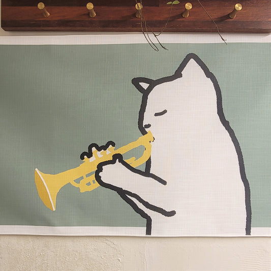 A cat playing the trumpet fabric poster